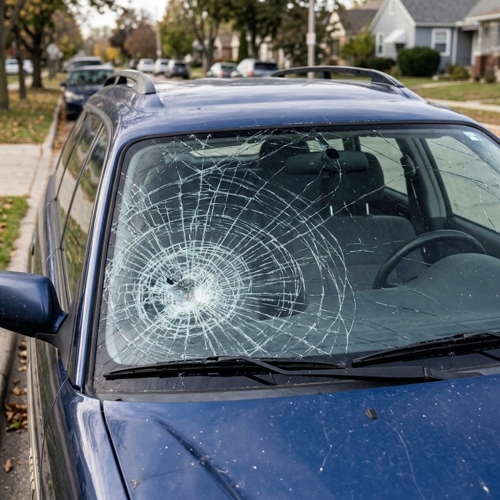 A close-up view of a car windshield featuring a prominent crack, illustrating the potential risk to vehicle structural integrity and safety