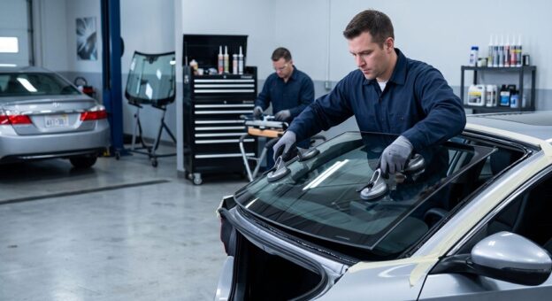 A commercial service photo showing automotive glass installation in a repair facility