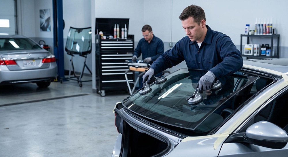 A commercial service photo showing automotive glass installation in a repair facility